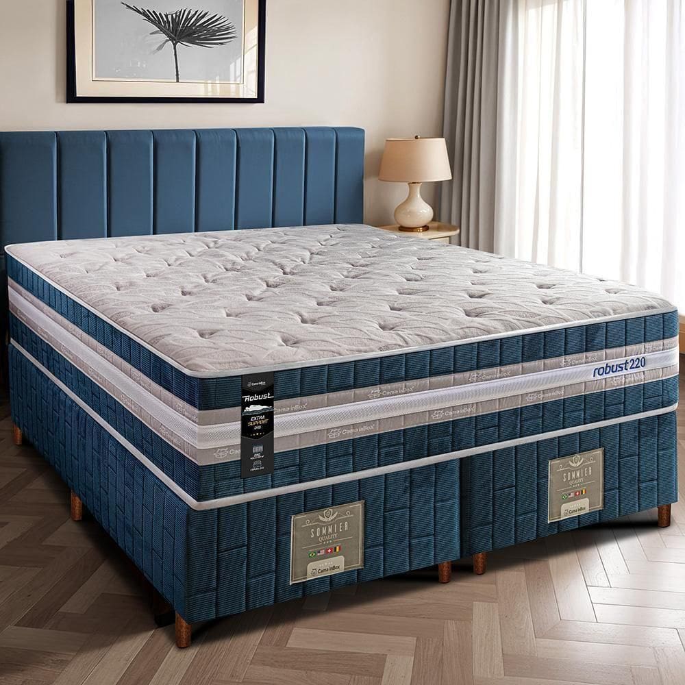 Cama Box King Colchão + Box 193x203x70 Com Molas Ensacadas Robust 220 Azul Cama Inbox