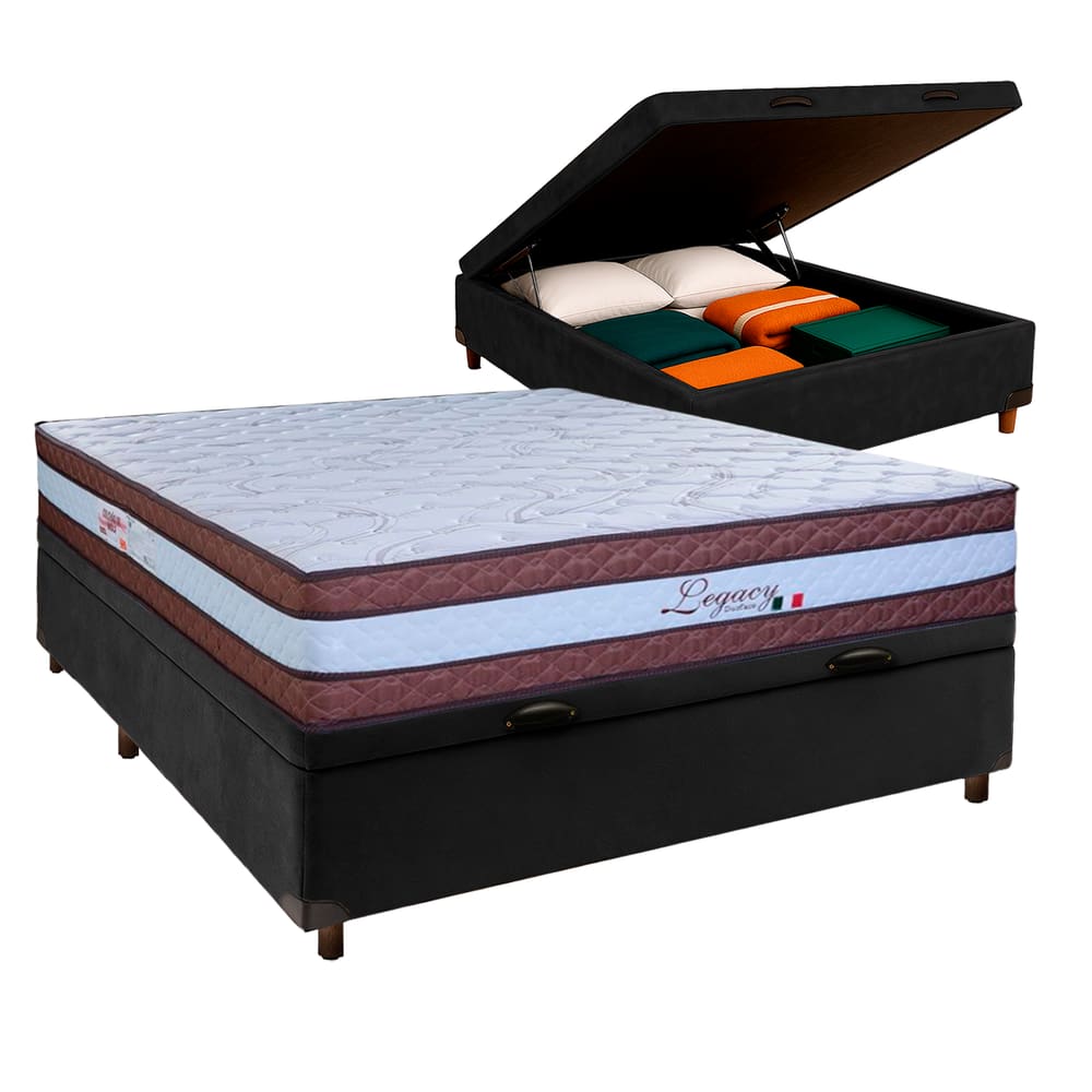 Conjunto Cama Box Bau Blindado Casal + Colchão Molas Ensacadas Legaccy Paropas