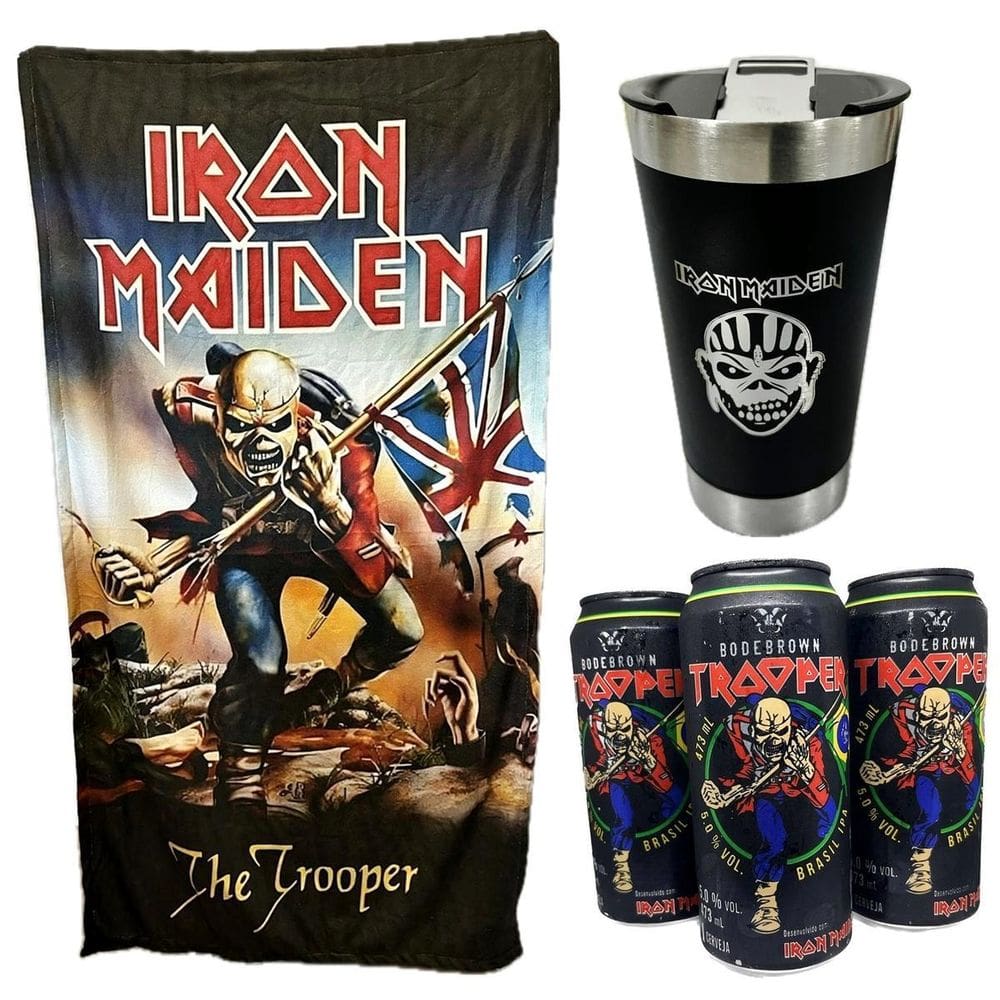 Kit Iron Maiden 3 Cervejas Trooper + Toalha + Copo 500Ml