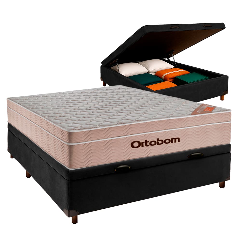 Cama Box Bau Preto Casal + Colchão Molas Ensacadas Airtech Ortobom