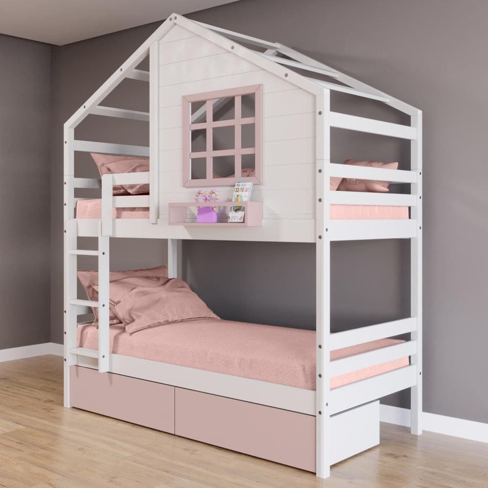 Beliche Casinha Com Janela E Gavetas Rosa Madeira Maciça Branco/ Rosa Housin