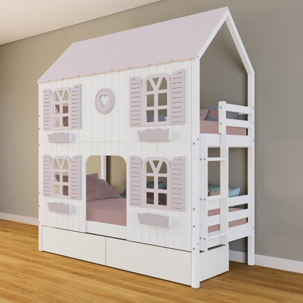 Beliche Casinha Bela Com Coração 2 Gavetas 4 Janelas Venezianas - Madeira Maciça Branco/rosa Housin