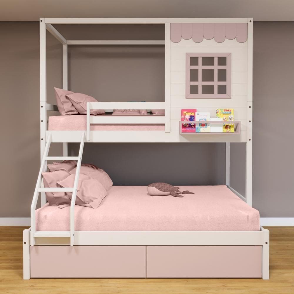 Beliche Casinha Reta Casal/ Solteiro 02 Gavetas Rosa Madeira Maciça Branco/ Rosa Housin