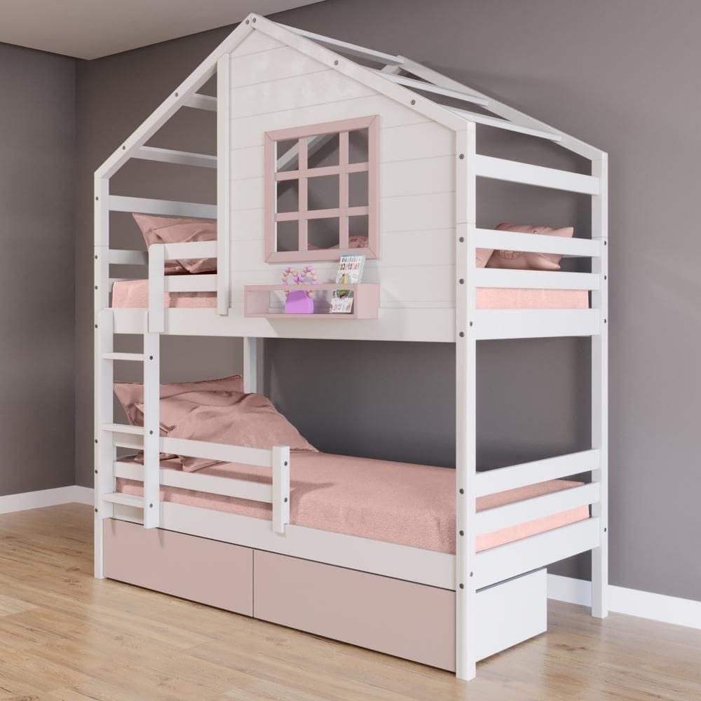 Beliche Casinha 2 Gavetas Rosa E Grade De Proteção Branco