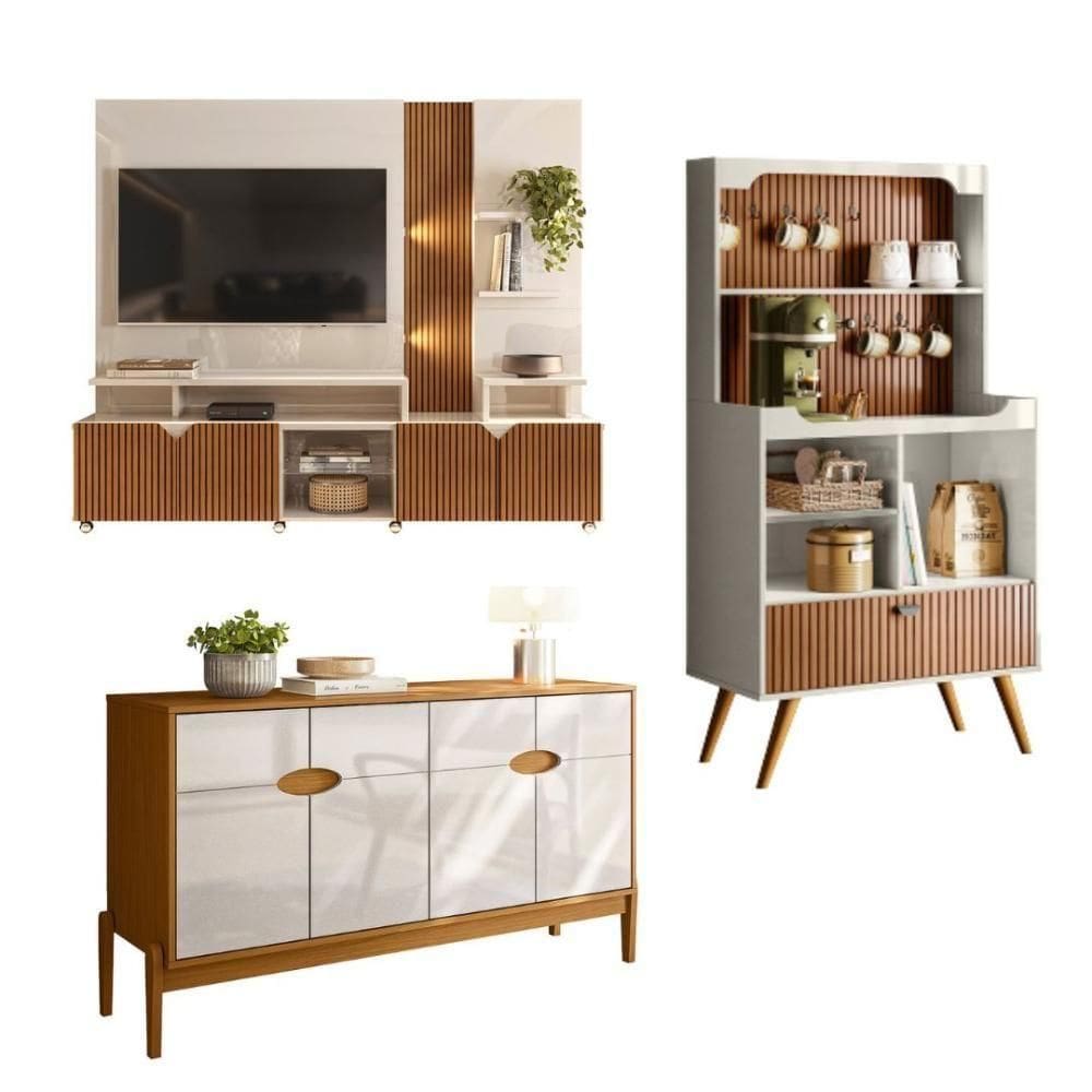 Conjunto Home Cross Efeito Ripado Buffet 4 Portas Cantinho Do Café Lukaliam Móveis