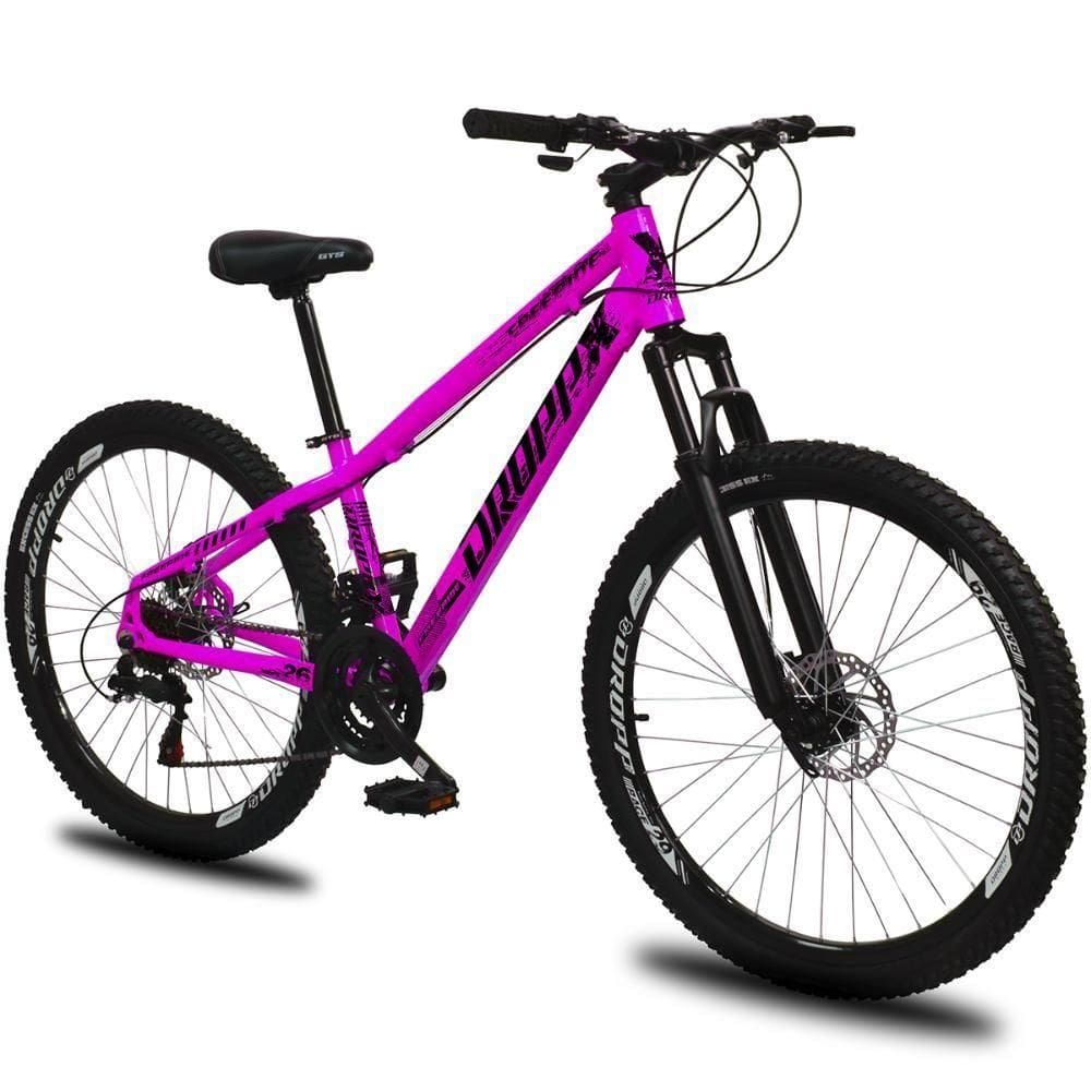 Bicicleta Aro 26 Dropp Freeride Alumínio 21 Vel Marchas Câmbios Shimano Freios A Disco - Rosa+preto