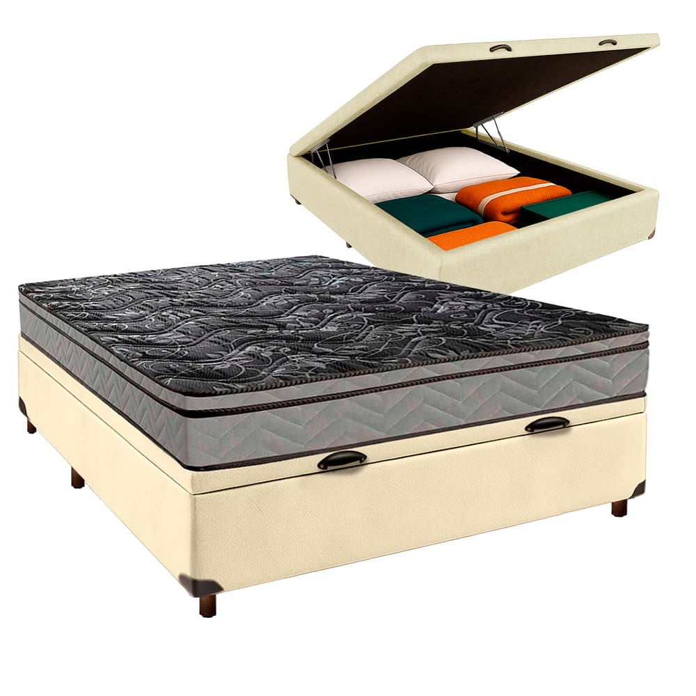 Cama Box Bau Bege Casal + Colchão D28 Conforto Paropas