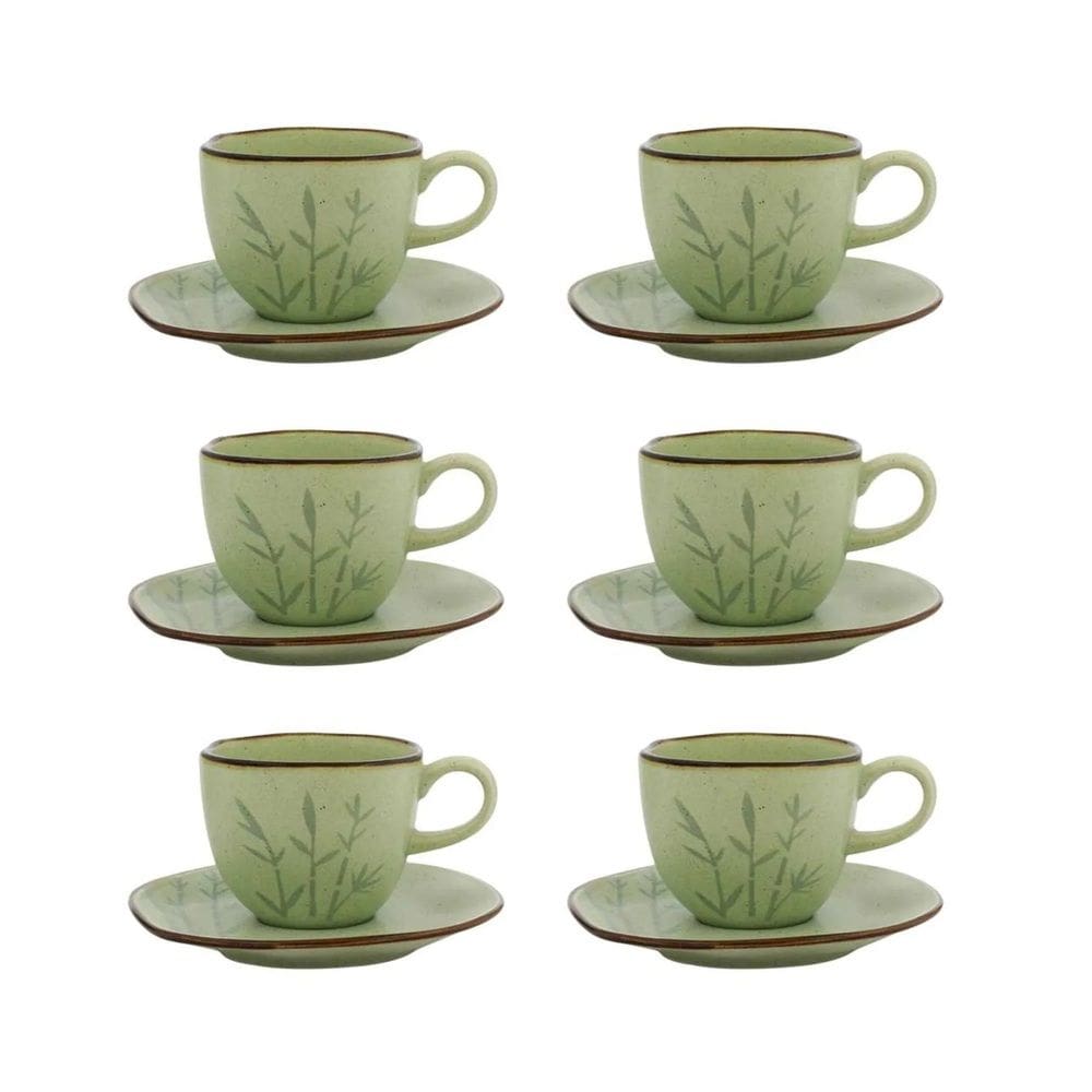 Cj 6 Xícaras P/Chá C/Pires de Porcelana Orgânico Ryo Bambu Verde/Marrom 220ml Oxford
