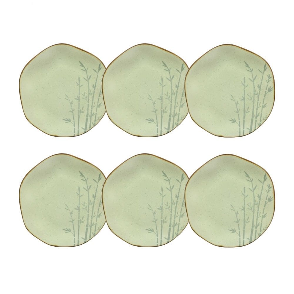 Cj 6 Pratos Rasos de Porcelana Orgânico Ryo Bambu Verde/Marrom 27,5cm Oxford