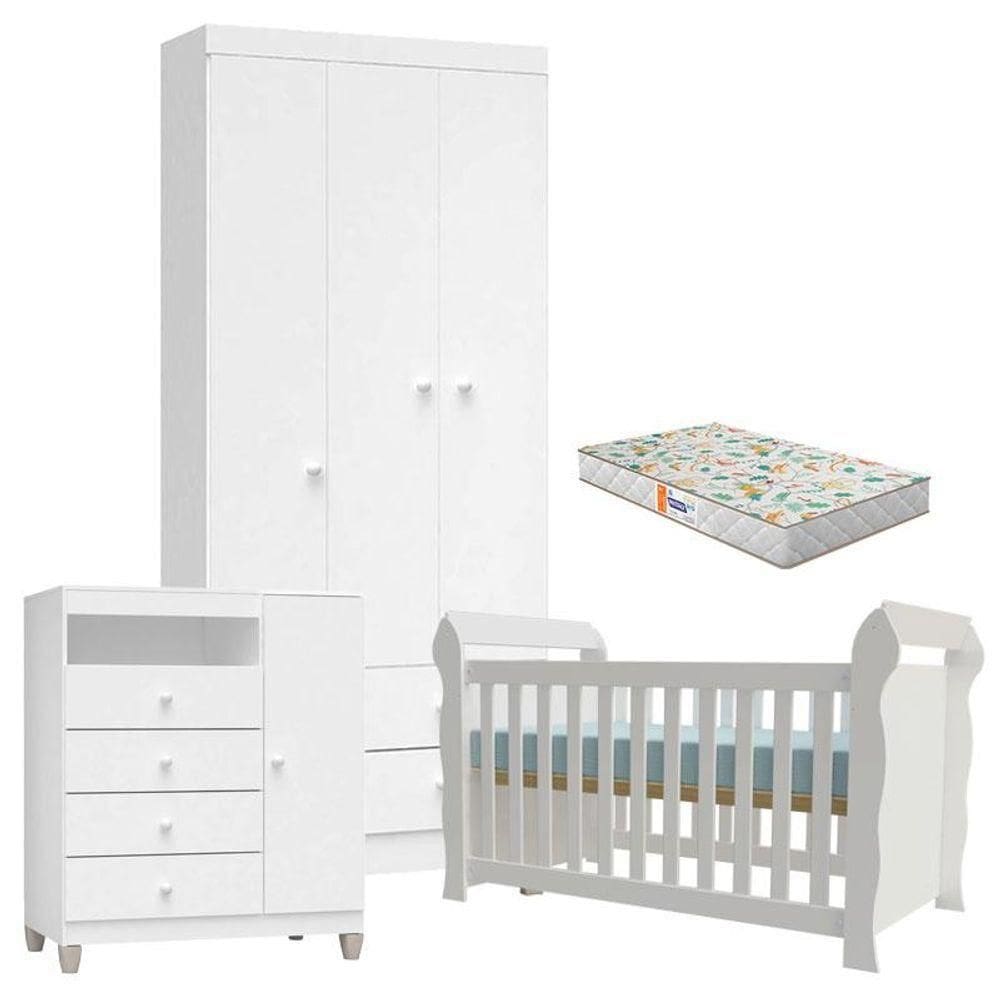 Quarto De Bebê 3 Portas Ternura Baby Com Berço Lara Branco Brilho Com Colchão Gazin - Incorplac