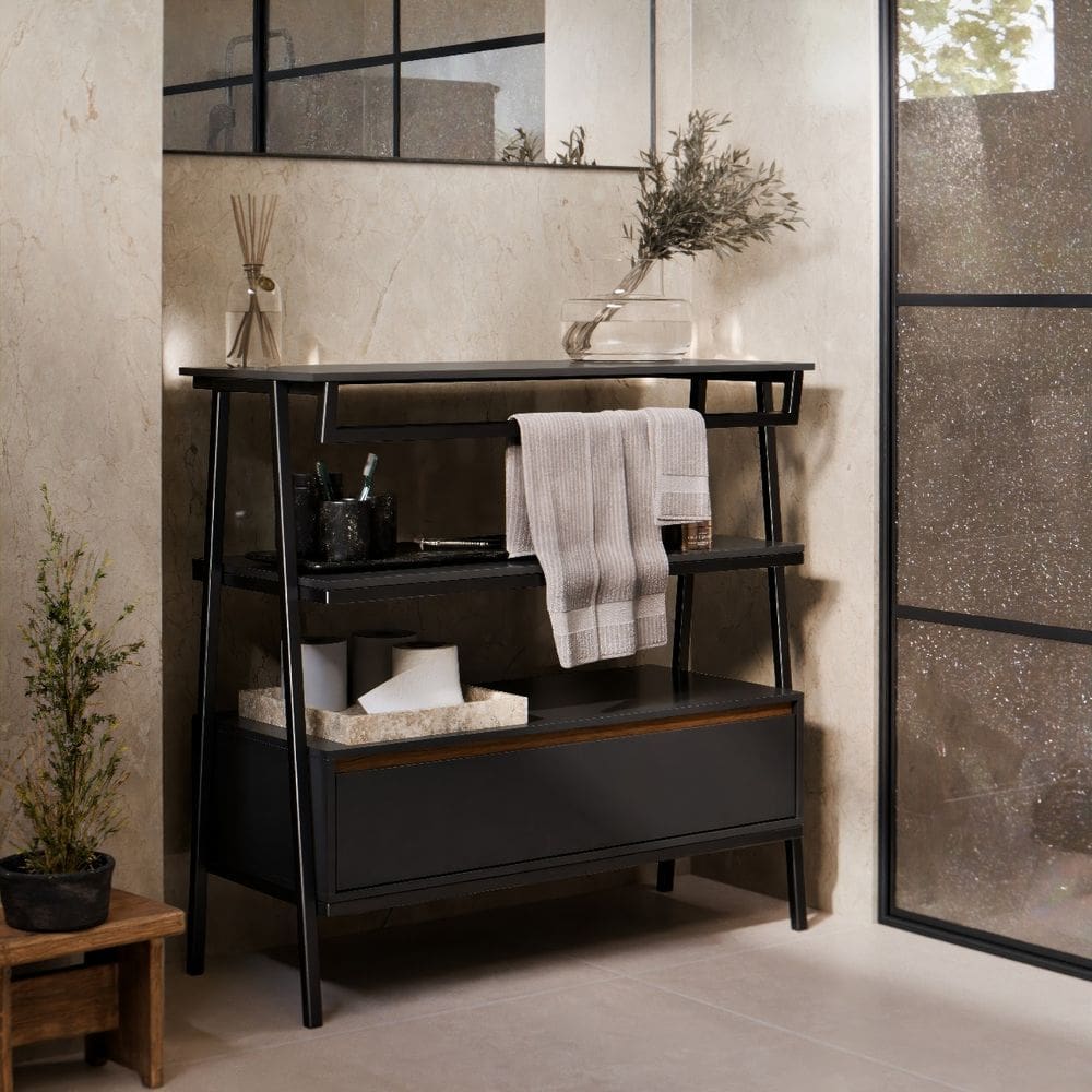 Armário Multiuso Gabinete Banheiro Industrial 1 Gaveta Thor Preto Cedro com Preto - Rede Móveis