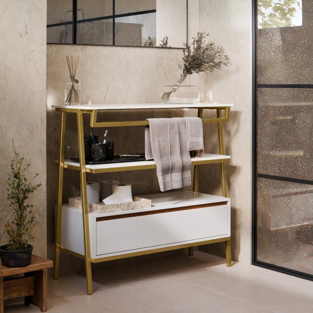 Armário Multiuso Gabinete Banheiro Industrial 1 Gaveta Thor Branco Cedro com Dourado - Rede Móveis