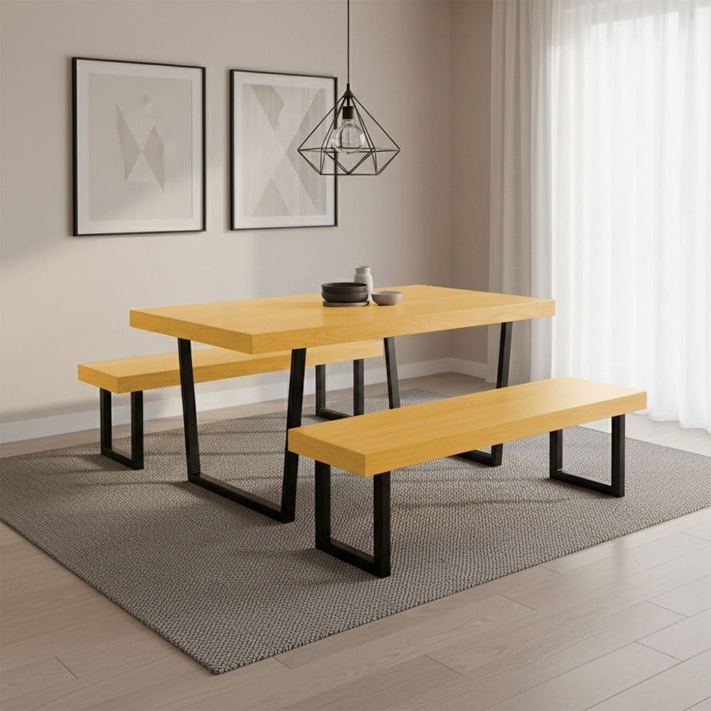 Conjunto Mesa Industrial Lanna 1,80m Ferragem Preta com 2 Bancos Industrial Lanna