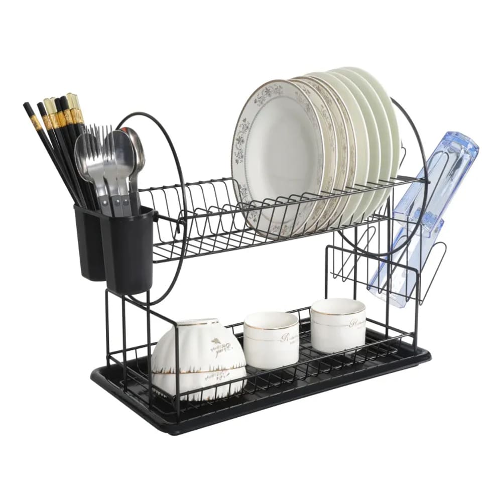 Escorredor Louças Duplo Rack Dois Andares Pratos Talheres Inox Preto