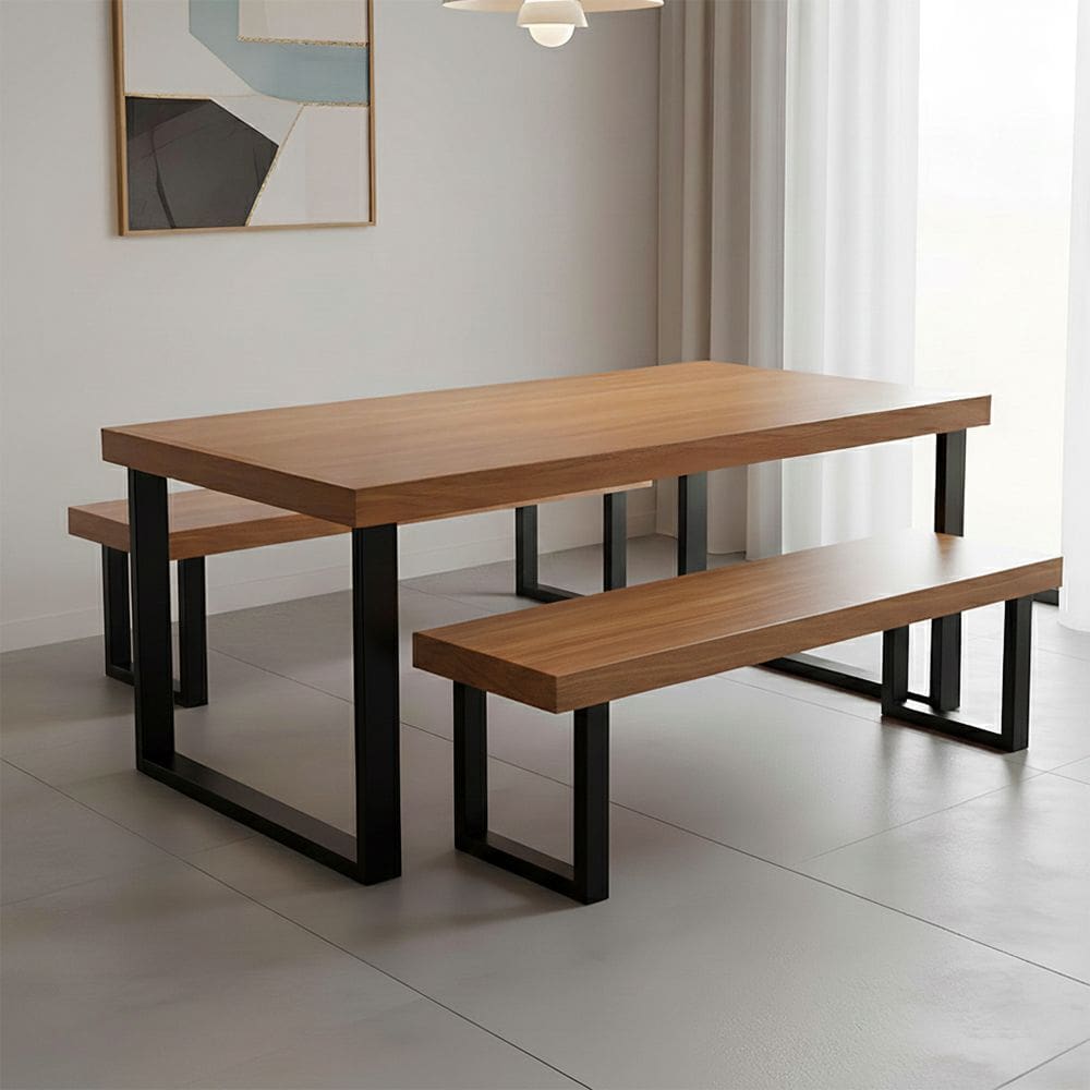 Conjunto Mesa Industrial Bernardo 1,80m Ferragem Preta com 2 Bancos Industrial Bernardo