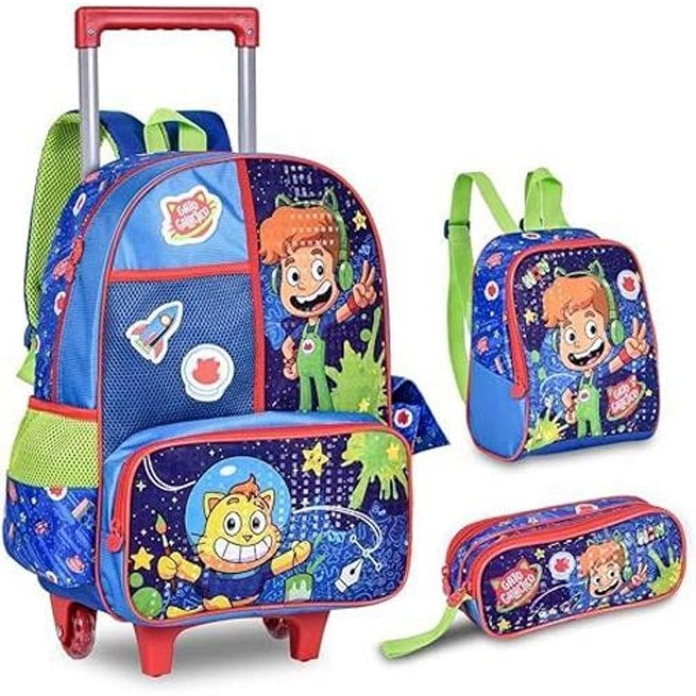 Kit Mochila De Rodinhas Estojo E Lancheira Gato Galactico