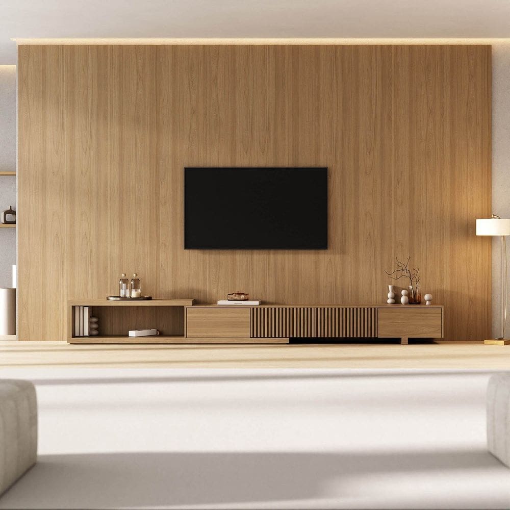 Rack Extensível com Painel para Tv até 86 Polegadas Ripado 400x250cm Aruá Cabecasa Madeiraoriginals Jatoba