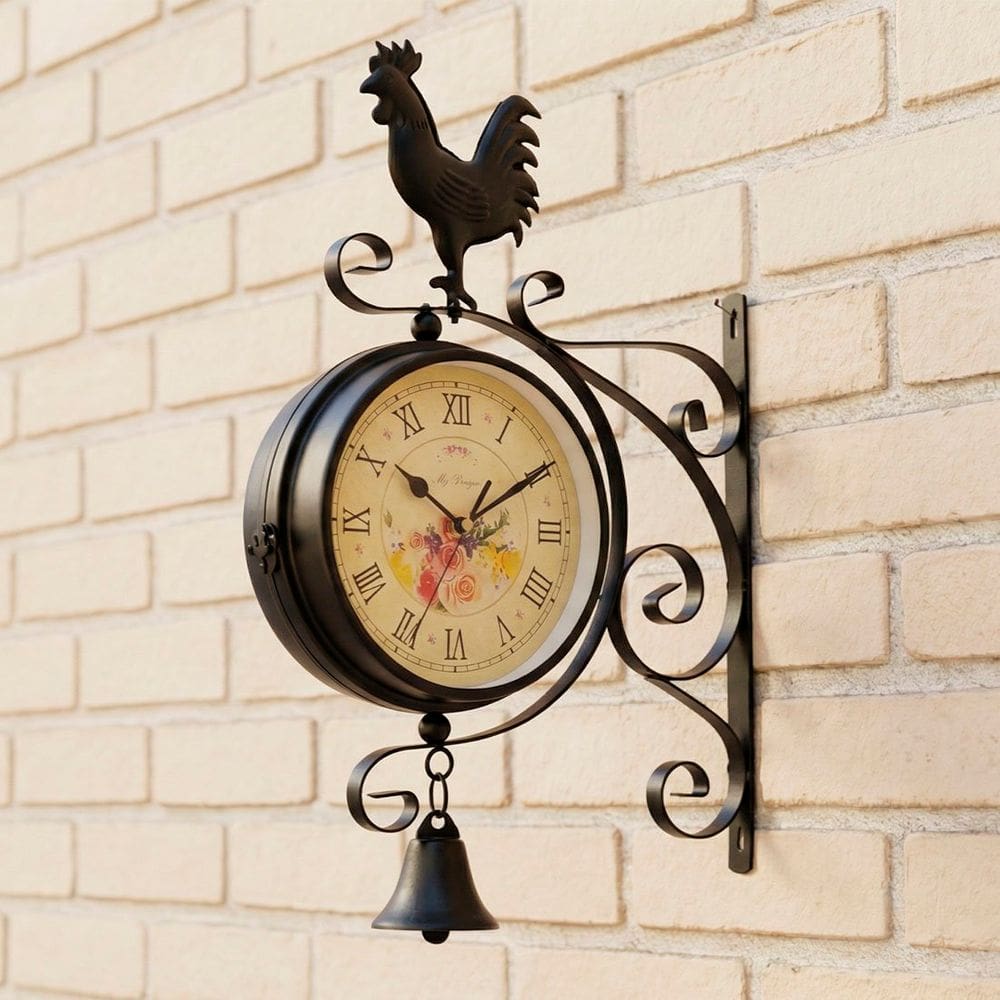 Relógio Estação Dupla Face Retrô Decoração Galo Preto Romano