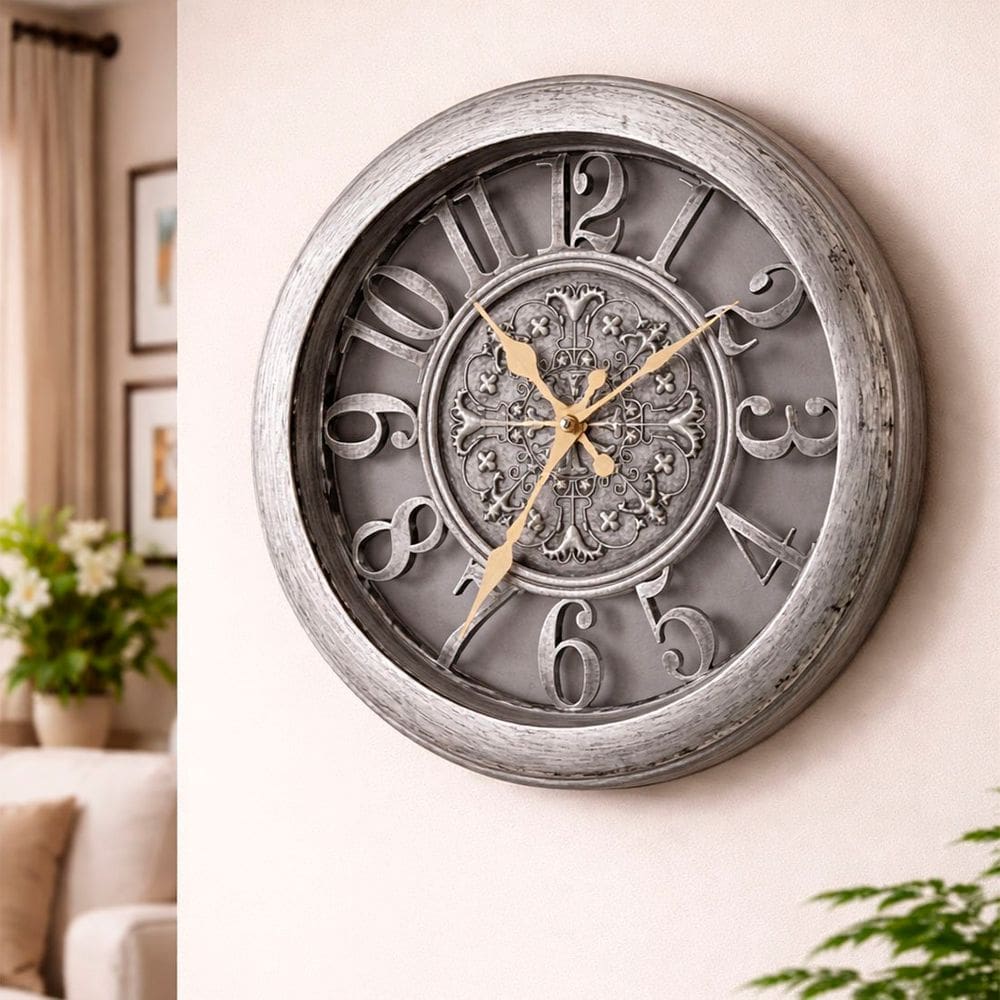 Relógio Parede Vazado Redondo Envelhecido Prata Vintage 28cm