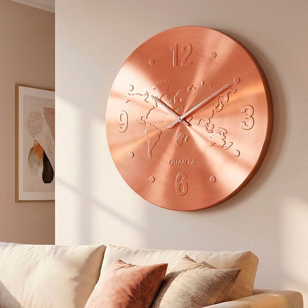 Relógio Parede Decorativo Redondo Mapa Mundi Rose Gold 30cm