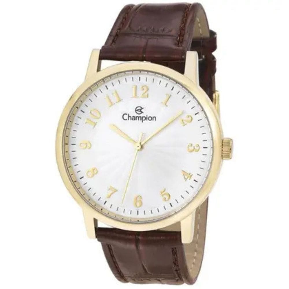 Relogio Champion masculino dourado couro marrom CN20560S