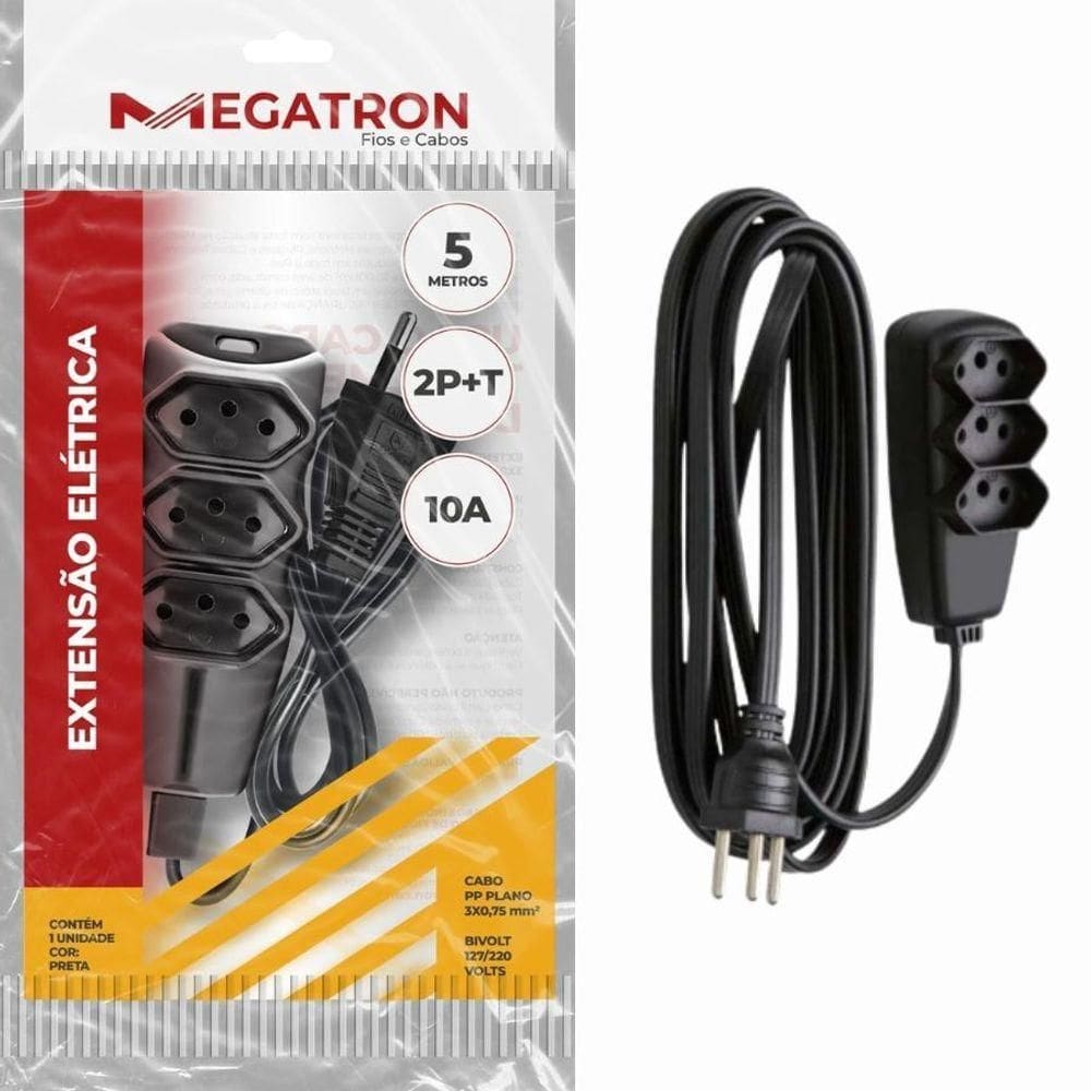 Extensão Elétrica Megatron 3x0,75mm 2p+t 10a Preta 5 M