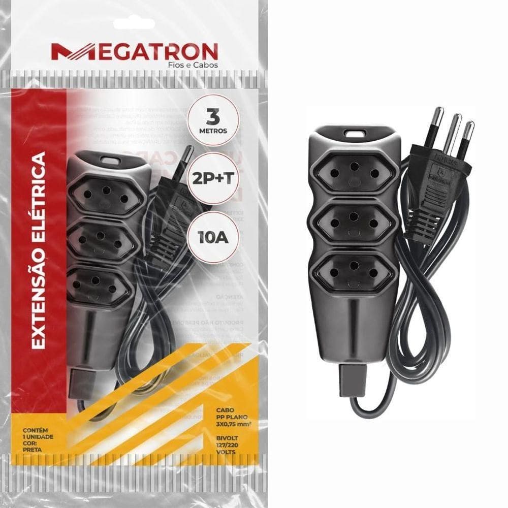 Extensão Elétrica Megatron 3x0,75mm Preta 3 M