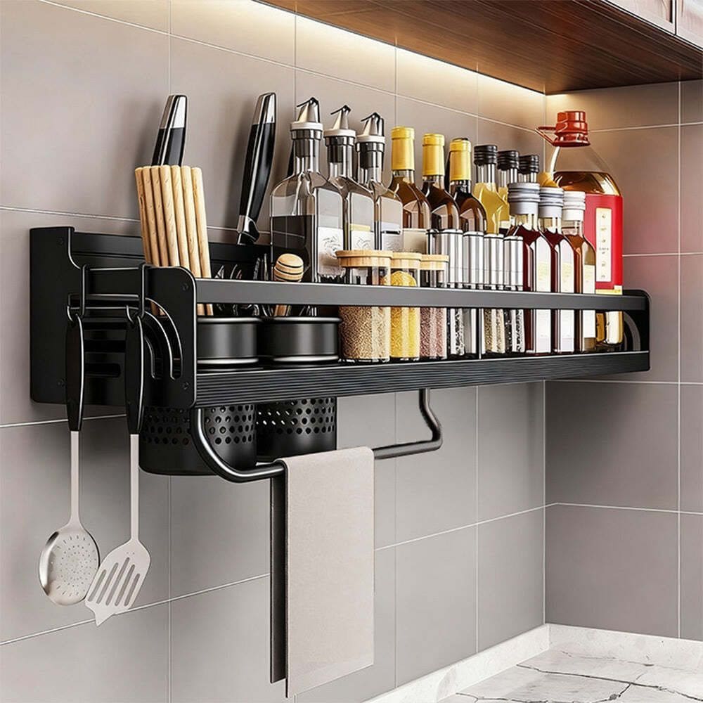 Prateleira Alumínio 60cm Cozinha Porta Faca Copos Ganchos ElaShopp