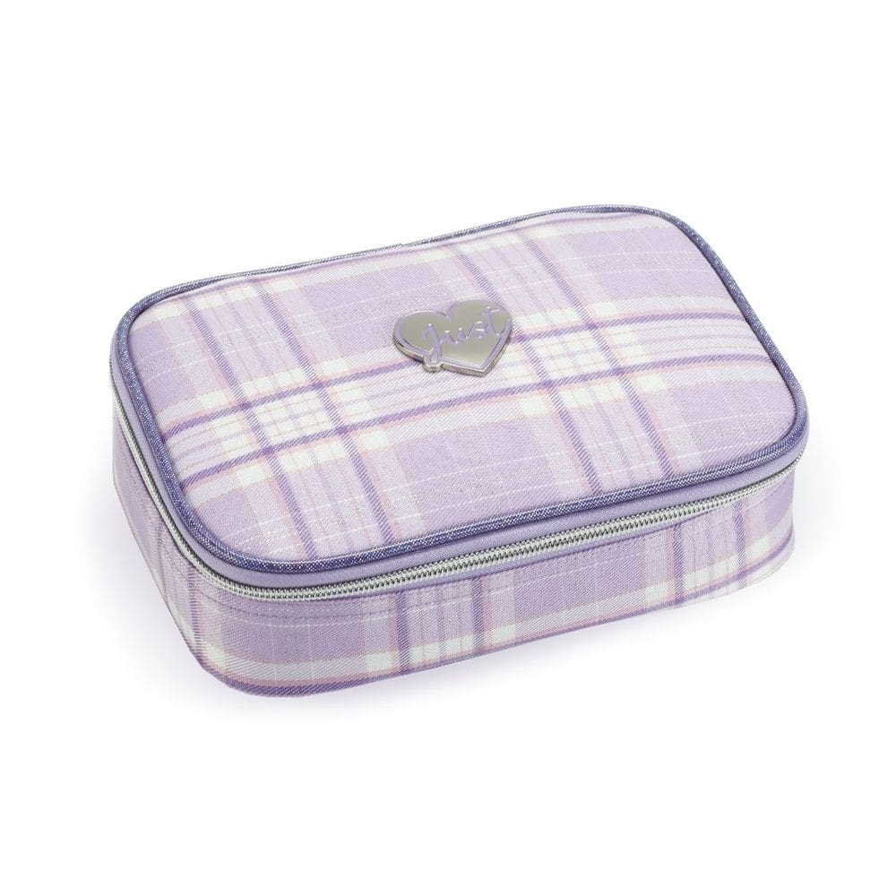 Estojo Escolar Lilás Xadrez Divisórias Volta as Aulas Fofo Colorido Pastel Box Lápis Caneta Zíper