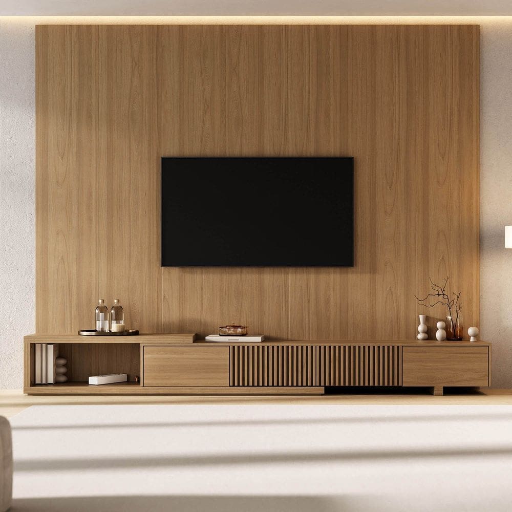 Rack Extensível com Painel para Tv até 86 Polegadas Ripado 280x230cm Aruá Cabecasa Madeiraoriginals Jatoba