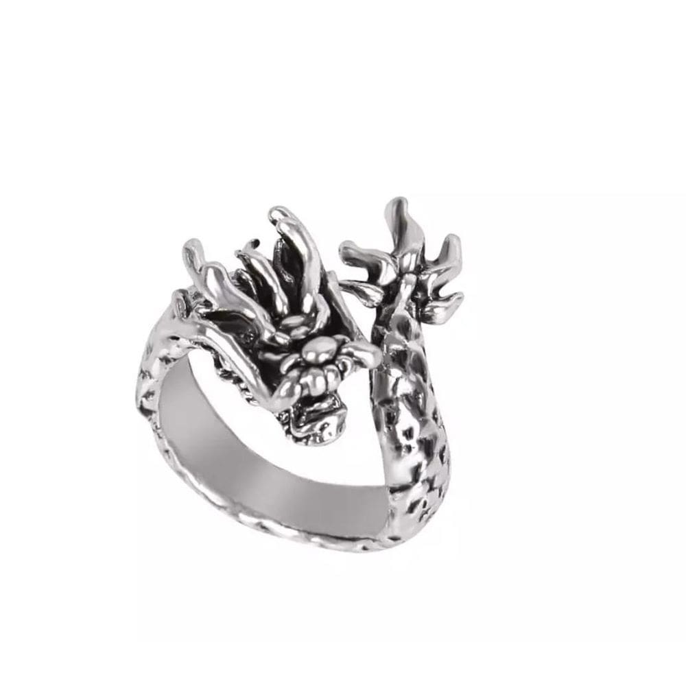 Anel Prateado Dragão Ajustável Punk F3602