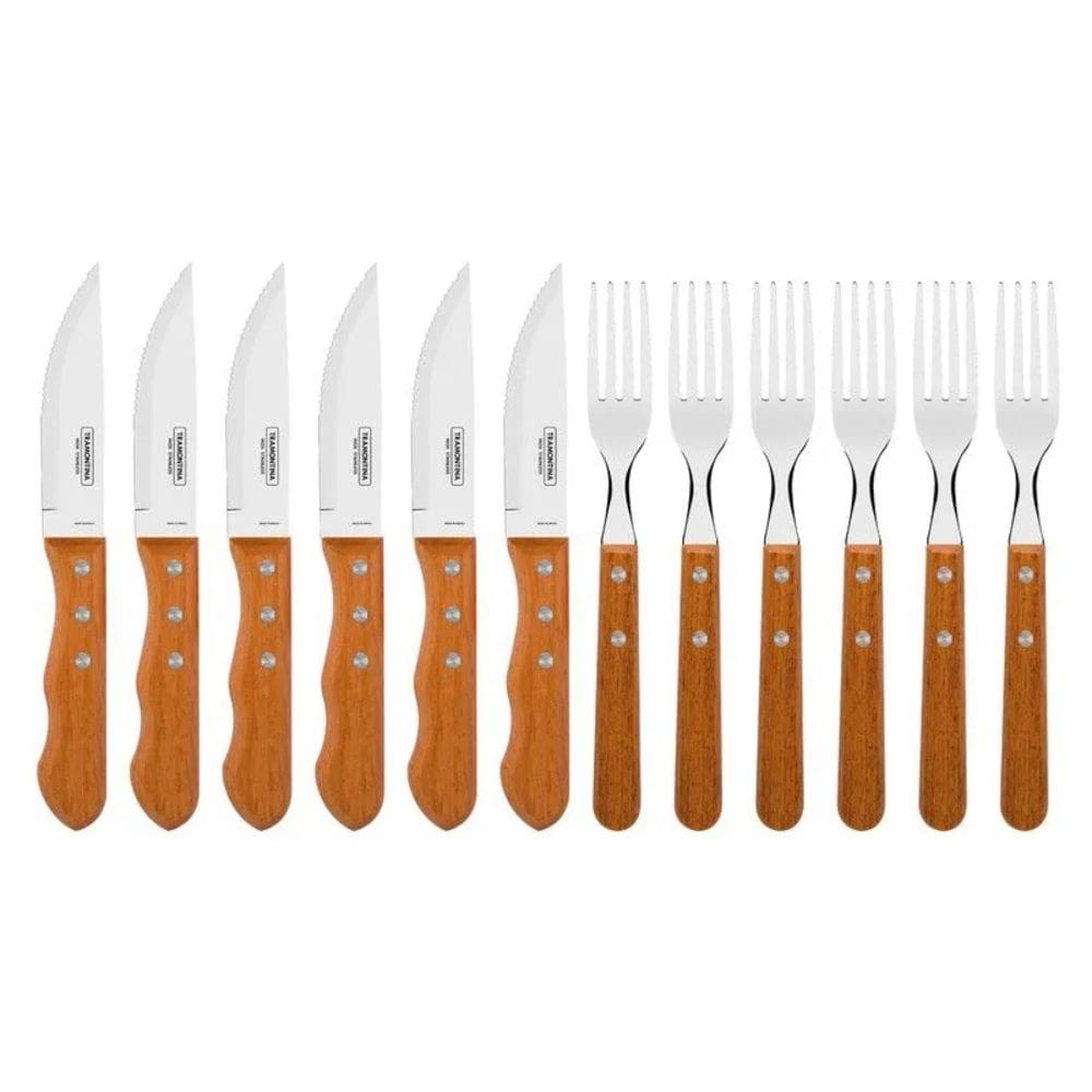 Cj 12 Talheres para Churrasco de Aço Inox C/Cabo de Madeira Natural Dynamic Tramontina
