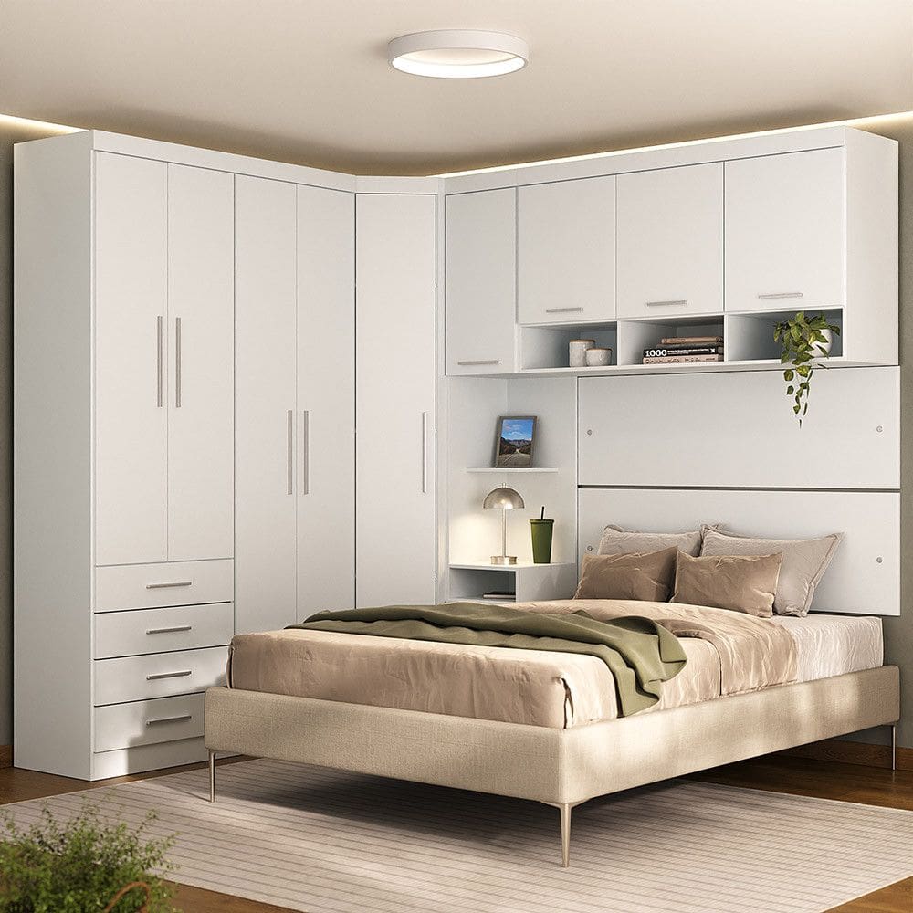 Quarto Modulado Casal de Canto com Guarda-roupas Maleiro e Cabeceira Alpes Master Luciane Moveis