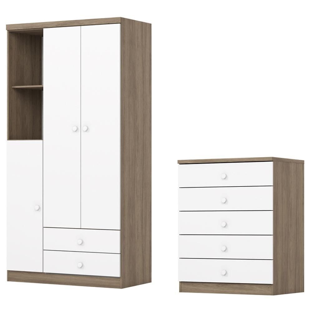 Guarda Roupa 3 Portas e Comoda 5 gavetas Bala de Menta Branco Henn