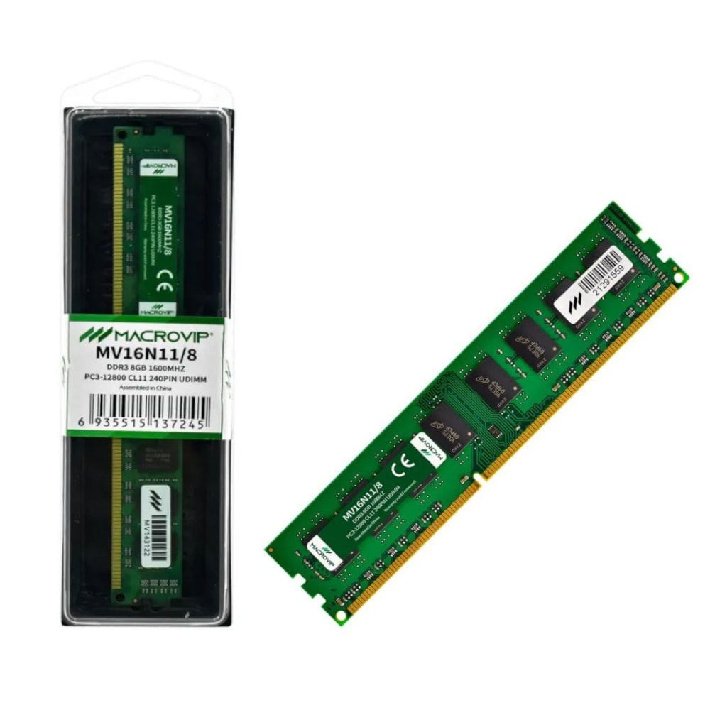 Memória RAM Desktop Macrovip 8GB 1600MHz DDR3 CL11, 1.5V, 240 pinos UDIMM MV16N11/8