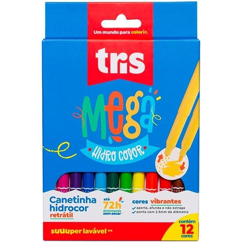 Hidrocor Ponta Fina Retrátil Mega Hidro Color 12 Cores Tris 687063