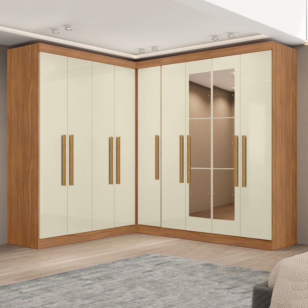 Módulo de Canto com Puxadores Mdf e Espelho Paris Cinamomo/Off White