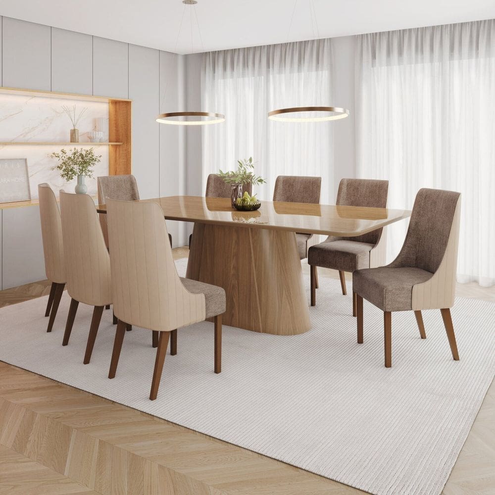 Conjunto Mesa Olívia 200cm com Vidro 08 Cadeiras Ivy Marrom/Bege/Cacao