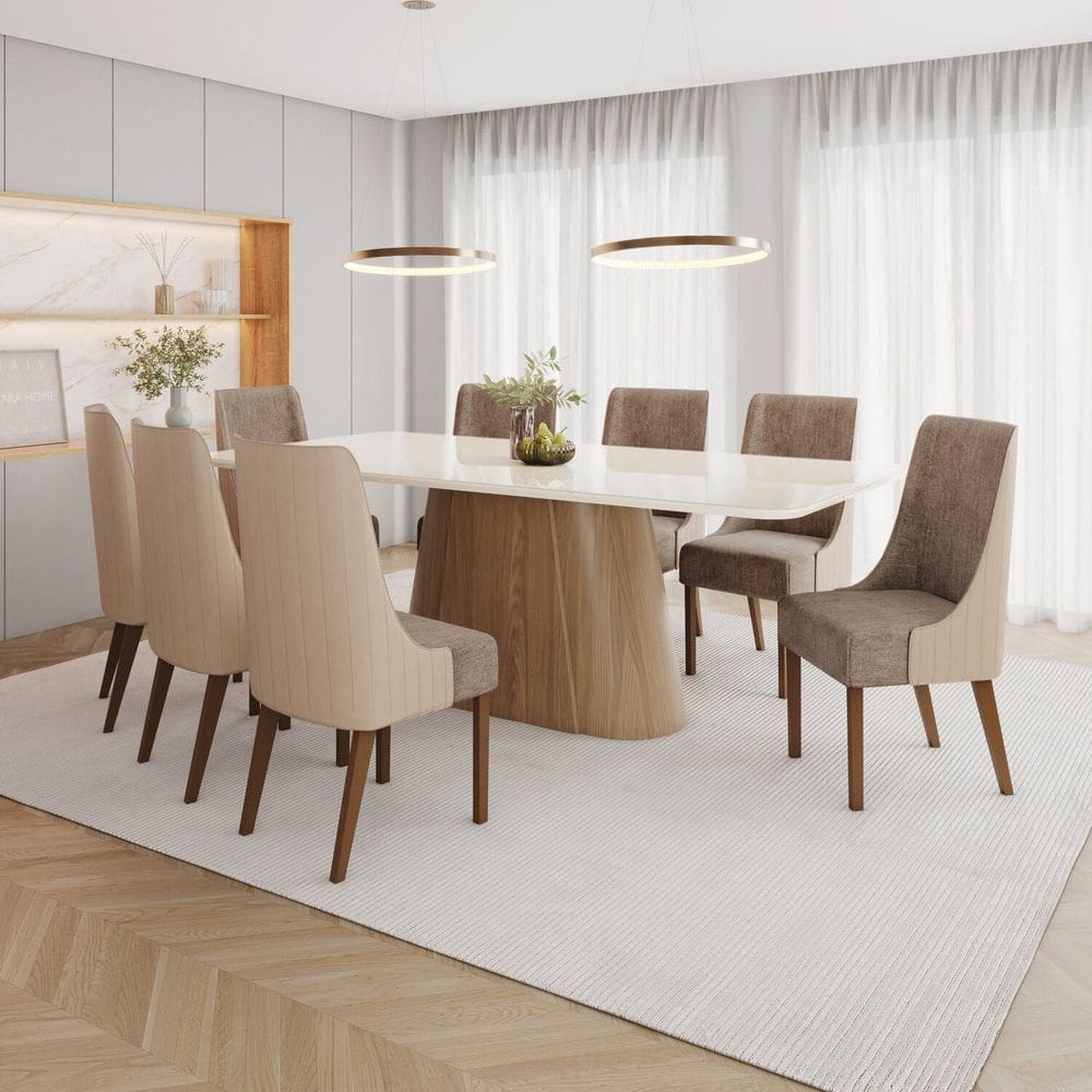 Conjunto Mesa Olívia 200cm com Vidro 8 Cadeiras Ivy Marrom/ Off White / Bege/ Cacao