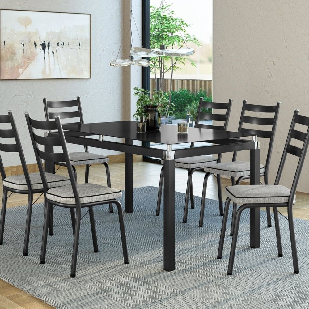 Conjunto Mesa Malva 140x80cm com 6 Cadeiras New Grafiato/Preto