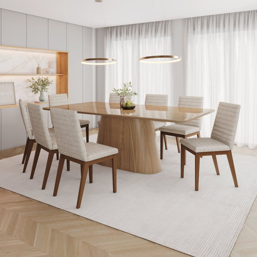 Conjunto Mesa Olívia 200cm com Vidro 8 Cadeiras Elena Marrom/Off White/Caramelo/Creme