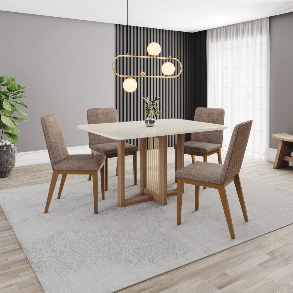 Conjunto Sala Jantar Mesa Natalí 120cm Canto Arredondado com Vidro 4 Cadeiras Pietra Marrom/Off White/ Caramelo/ Cacao