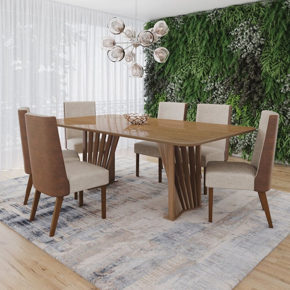 Conjunto Mesa Adriana 200cm com Vidro 06 Cadeiras Anne Marrom/Off White/Marrom