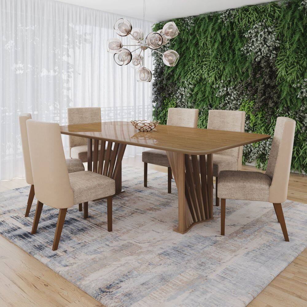 Conjunto Mesa Adriana 200cm com Vidro 6 Cadeiras Anne Marrom/Bege/Creme
