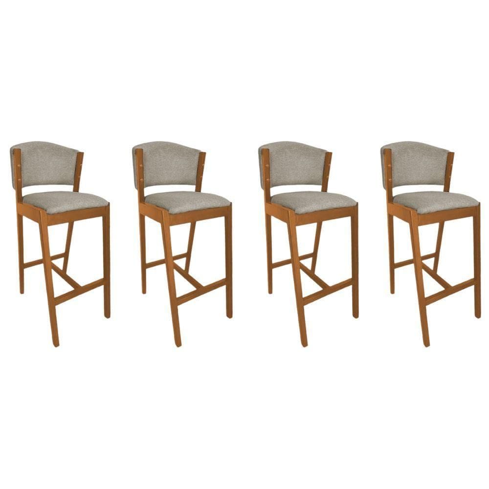 Kit 4 Banquetas Altas De Madeira Maciça Ana Em Linho Premium Bege Linho Cerejeira