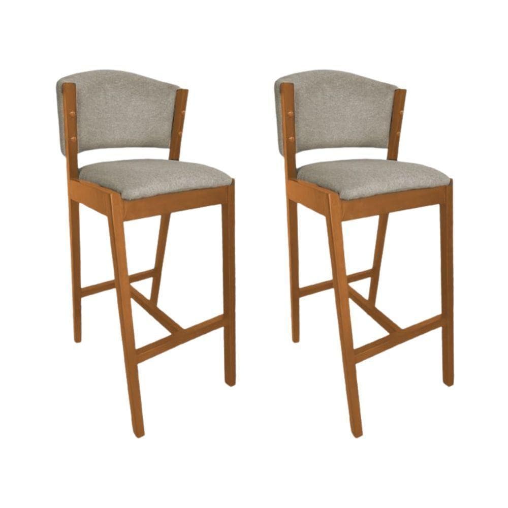 Kit 2 Banquetas Altas De Madeira Maciça Ana Em Linho Premium Bege Linho Cerejeira