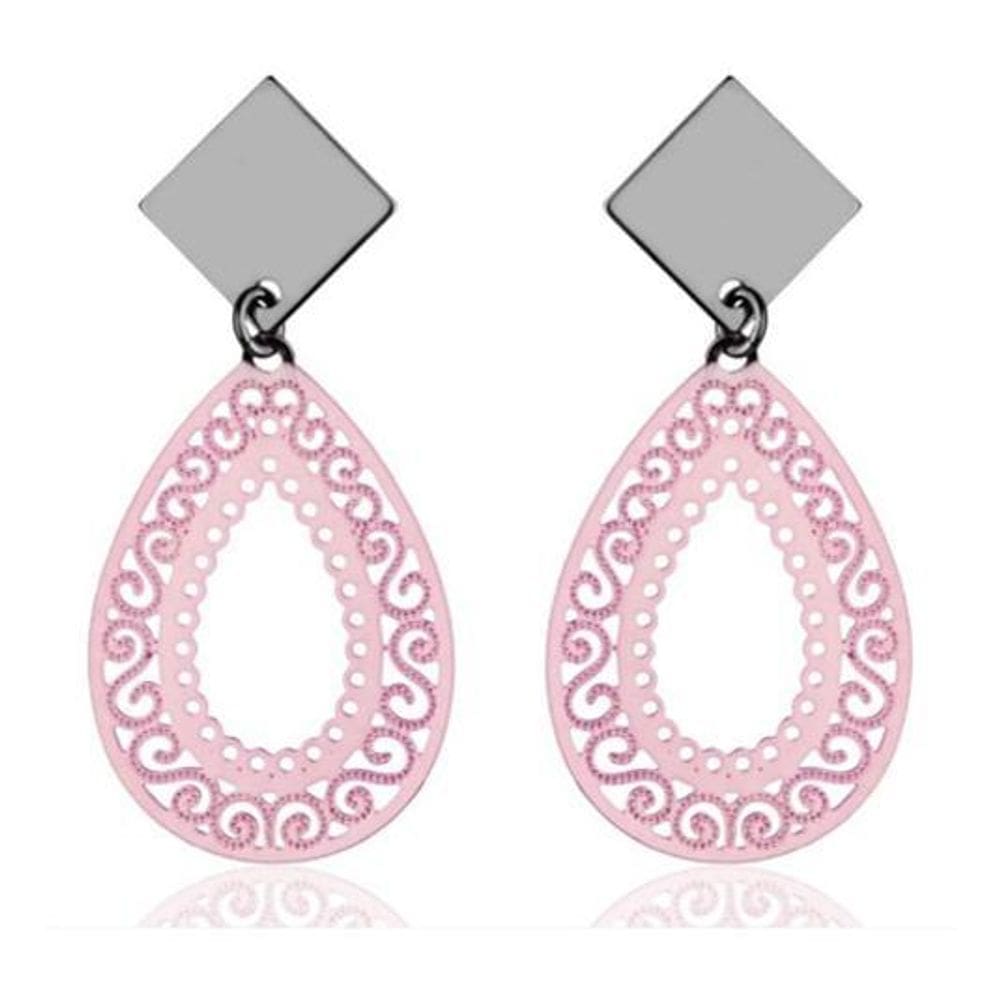 Brinco De Gota Banho Rosa Pink Ródio Negro Arabesco Bordado