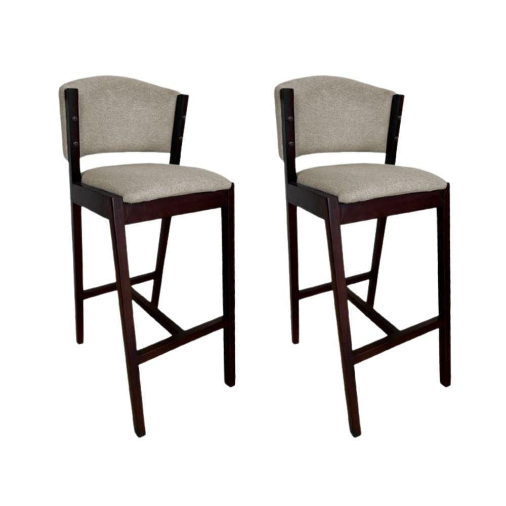 Kit 2 Banquetas Altas De Madeira Maciça Ana Em Linho Premium Bege Linho Castanho