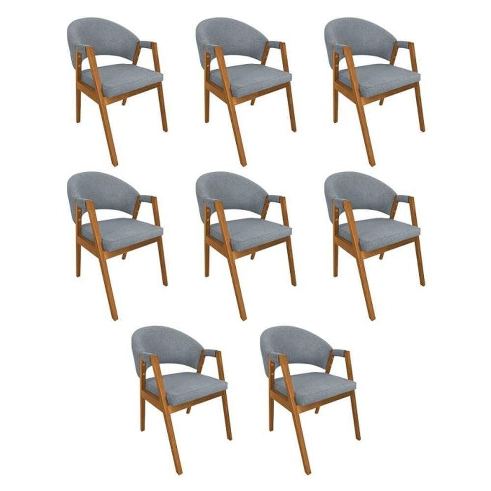 Kit 8 Cadeiras De Jantar Madeira Maciça Helen Impermeável Cerejeira Cinza Linho