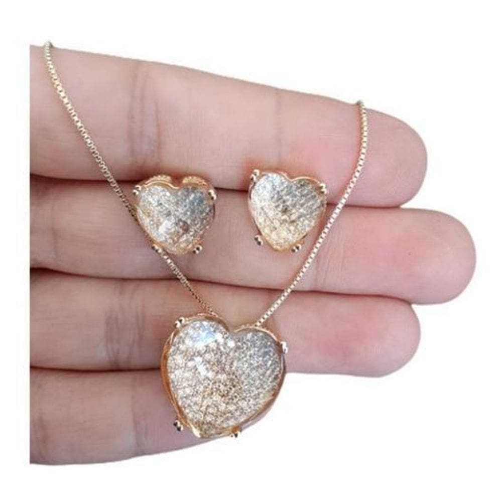 Conjunto Colar E Brinco Coração Pedra Quartzo Lapidada